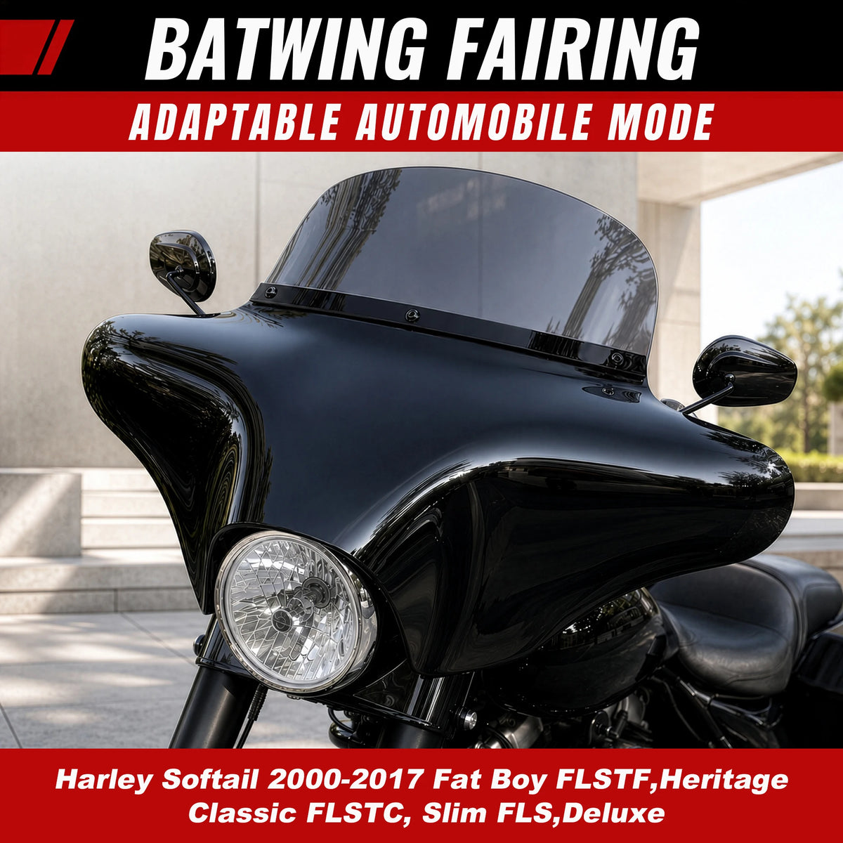 9" Smoke Windshield Trim Batwing Fairing For Harley Softail 2000-2017 Fat Boy FLSTF, Heritage Classic FLSTC, Slim FLS, Deluxe