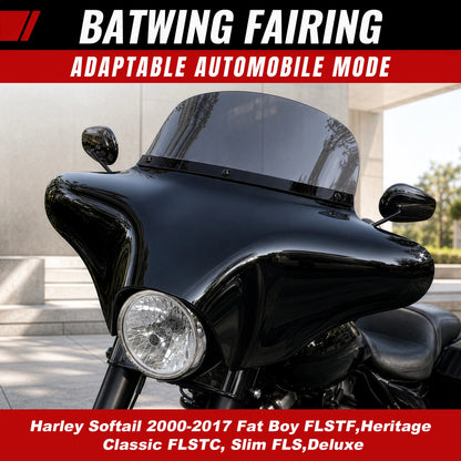 9" Smoke Windshield Trim Batwing Fairing For Harley Softail 2000-2017 Fat Boy FLSTF, Heritage Classic FLSTC, Slim FLS, Deluxe