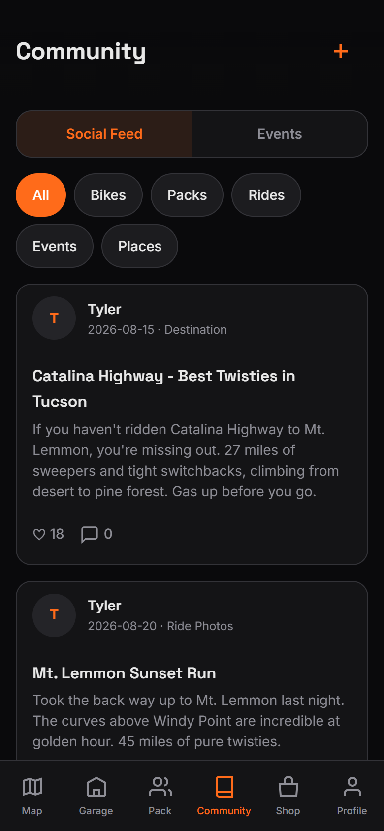 Motorcycle community feed and events in The Ride app
