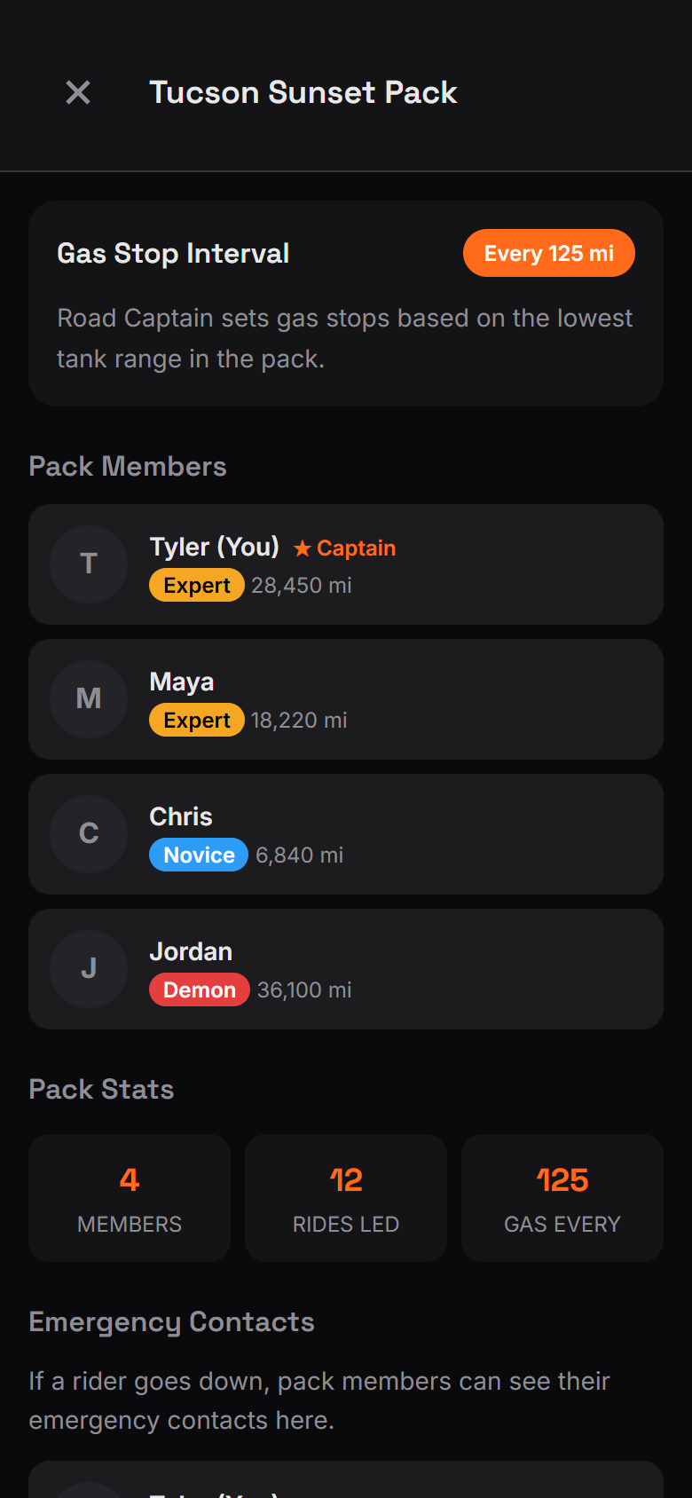 Pack screen in The Ride app